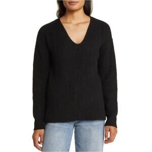 New CASLON NORDSTROM Women's Black Directional V-Neck Sweater Size S